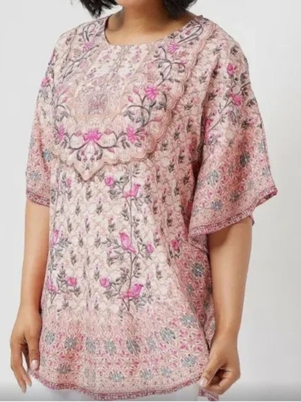 Tolani NWT Narissa beige pink floral bird paisley print caftan top